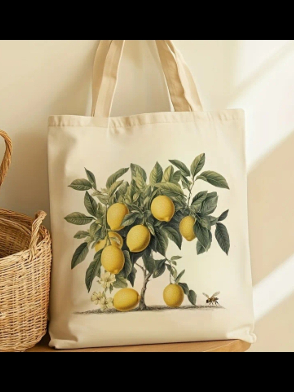 Cream Tote Bag with Yellow Lemon Print